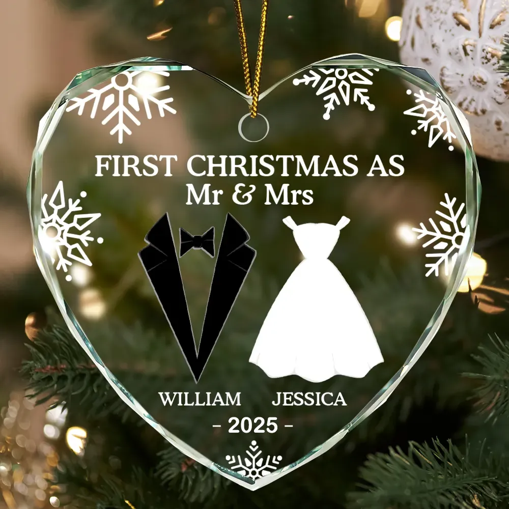 “First Christmas as Mr & Mrs” Crystal Heart Ornament, Personalized Newlywed Keepsake Gift - Image 2