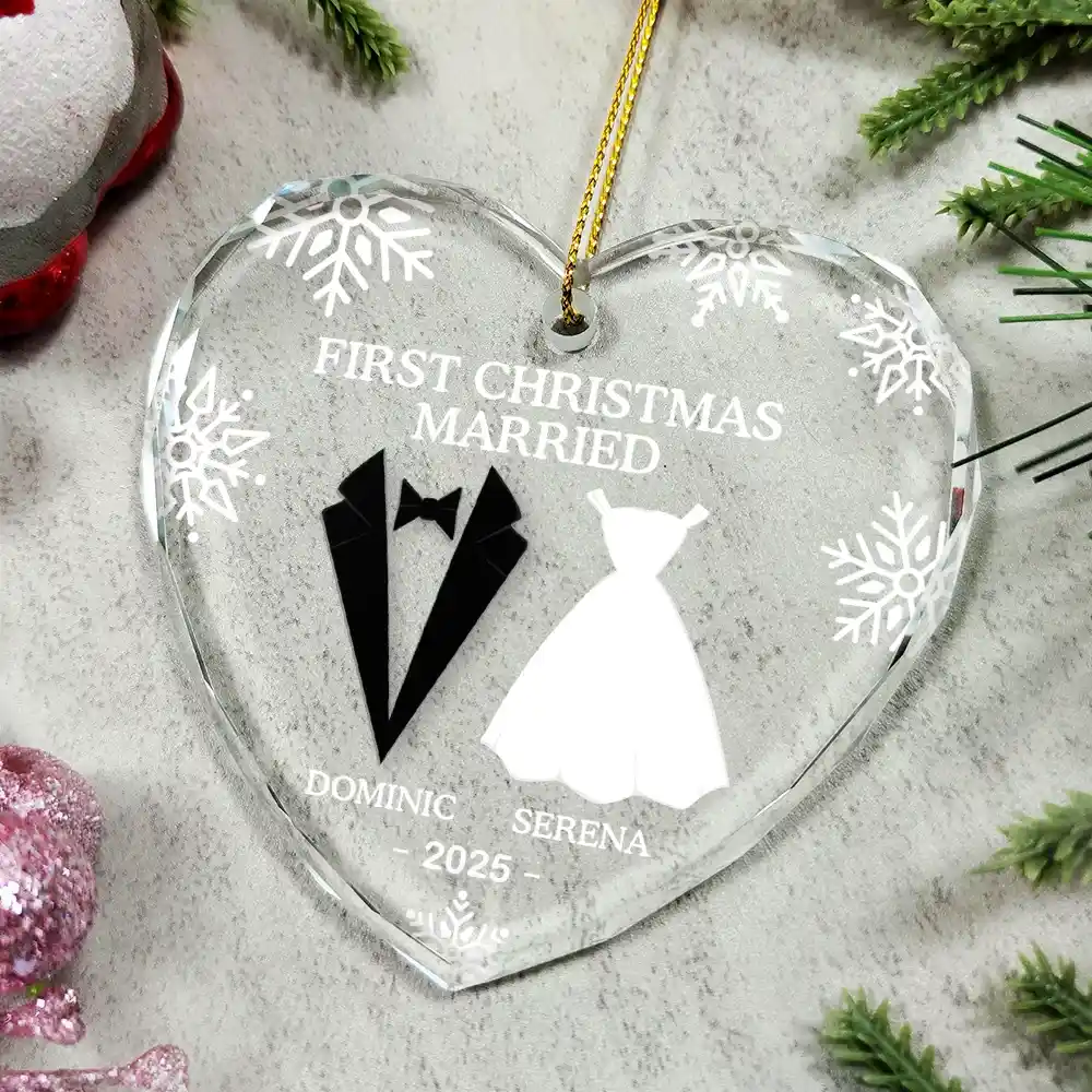“First Christmas as Mr & Mrs” Crystal Heart Ornament, Personalized Newlywed Keepsake Gift - Image 5