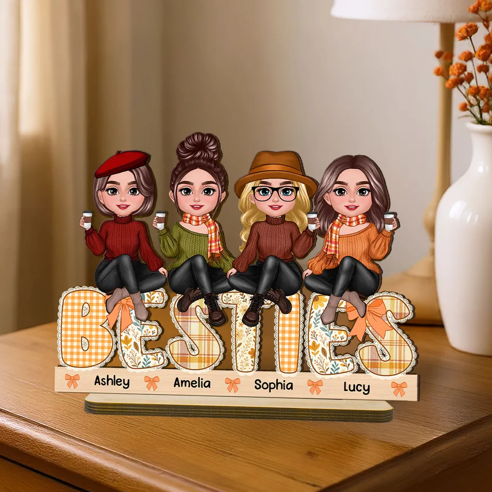 BESTIES Wooden Plaque – Autumn Coffee Time with Friends & Sisters, Personalized Gift for Best Friends - Image 3