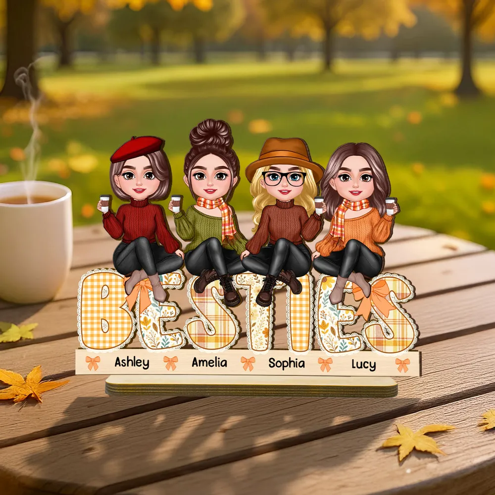 BESTIES Wooden Plaque – Autumn Coffee Time with Friends & Sisters, Personalized Gift for Best Friends - Image 5