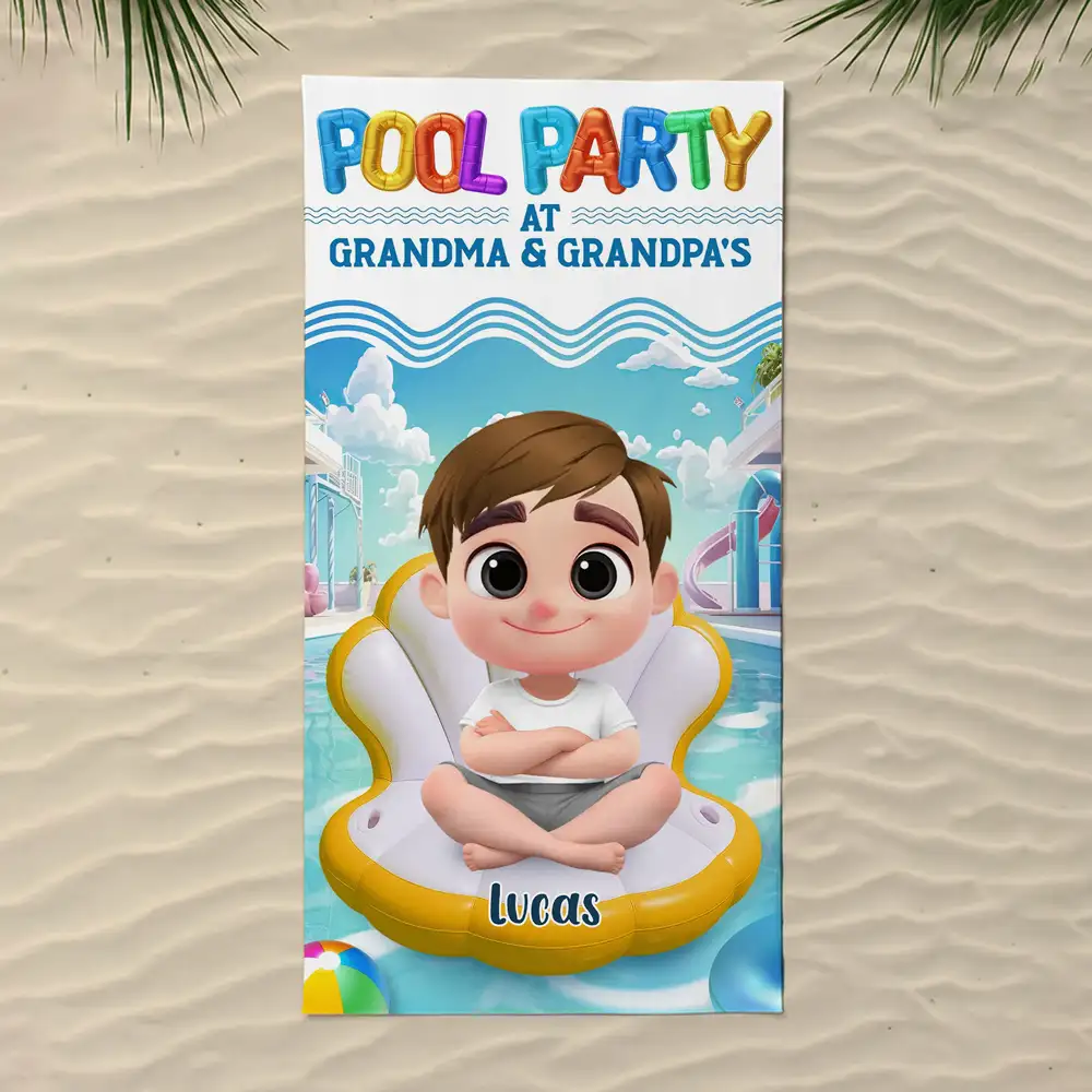 Pool Party at Grandma & Grandpa’s Personalized Beach Towel – Cute Summer Gift for Kids and Grandkids - Image 3