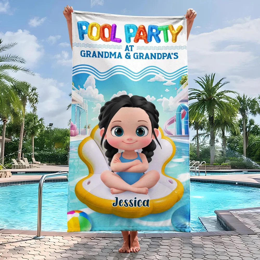Pool Party at Grandma & Grandpa’s Personalized Beach Towel – Cute Summer Gift for Kids and Grandkids - Image 5