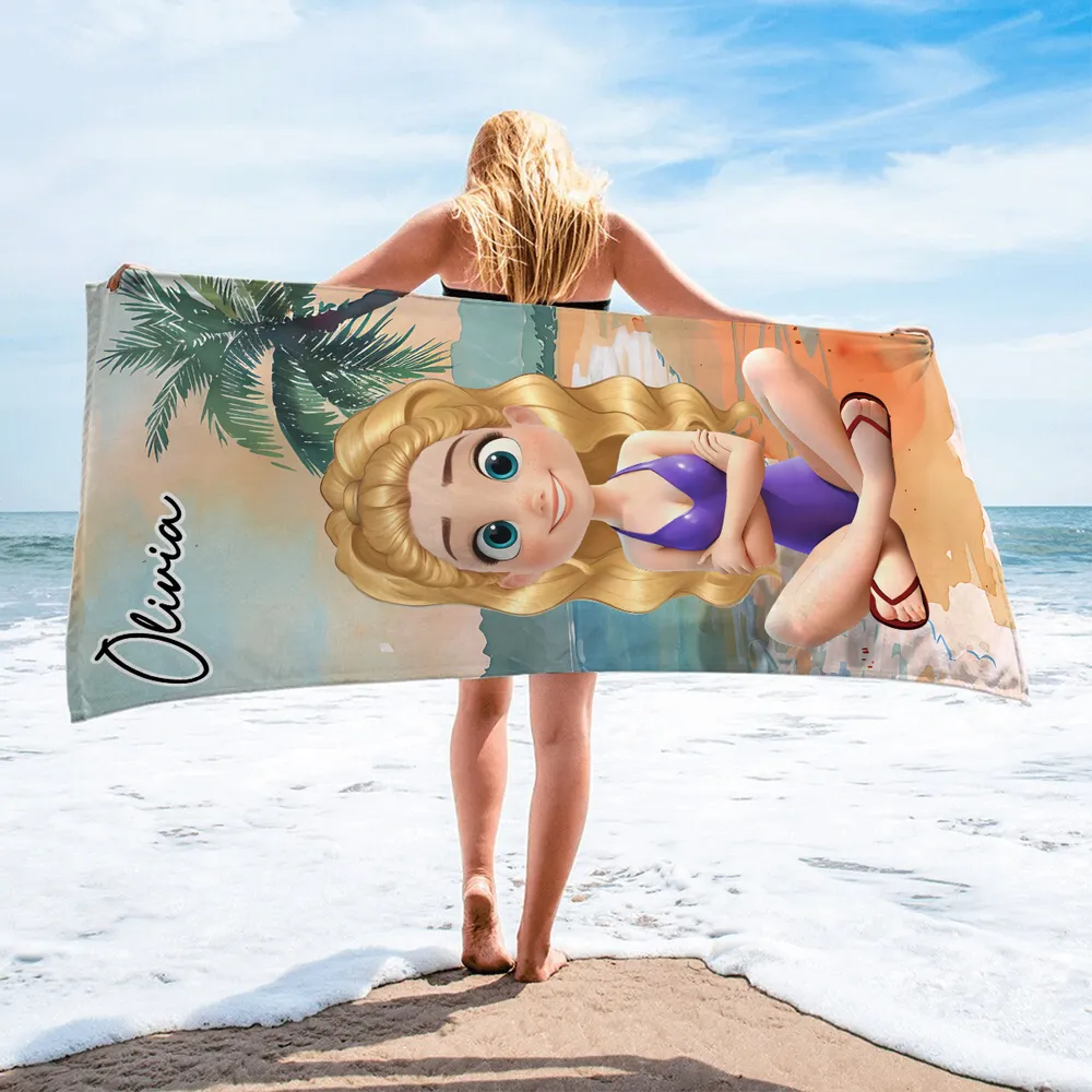 Personalized Beach Towel with Cartoon Girl – Summer Beach Gift for Her, Custom Name Towel for Vacation and Pool Days - Image 2