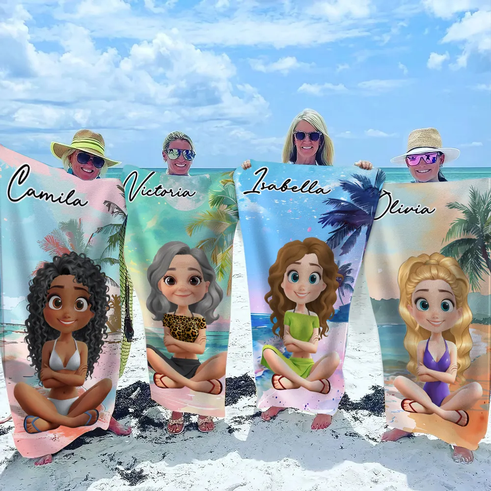 Personalized Beach Towel with Cartoon Girl – Summer Beach Gift for Her, Custom Name Towel for Vacation and Pool Days - Image 4