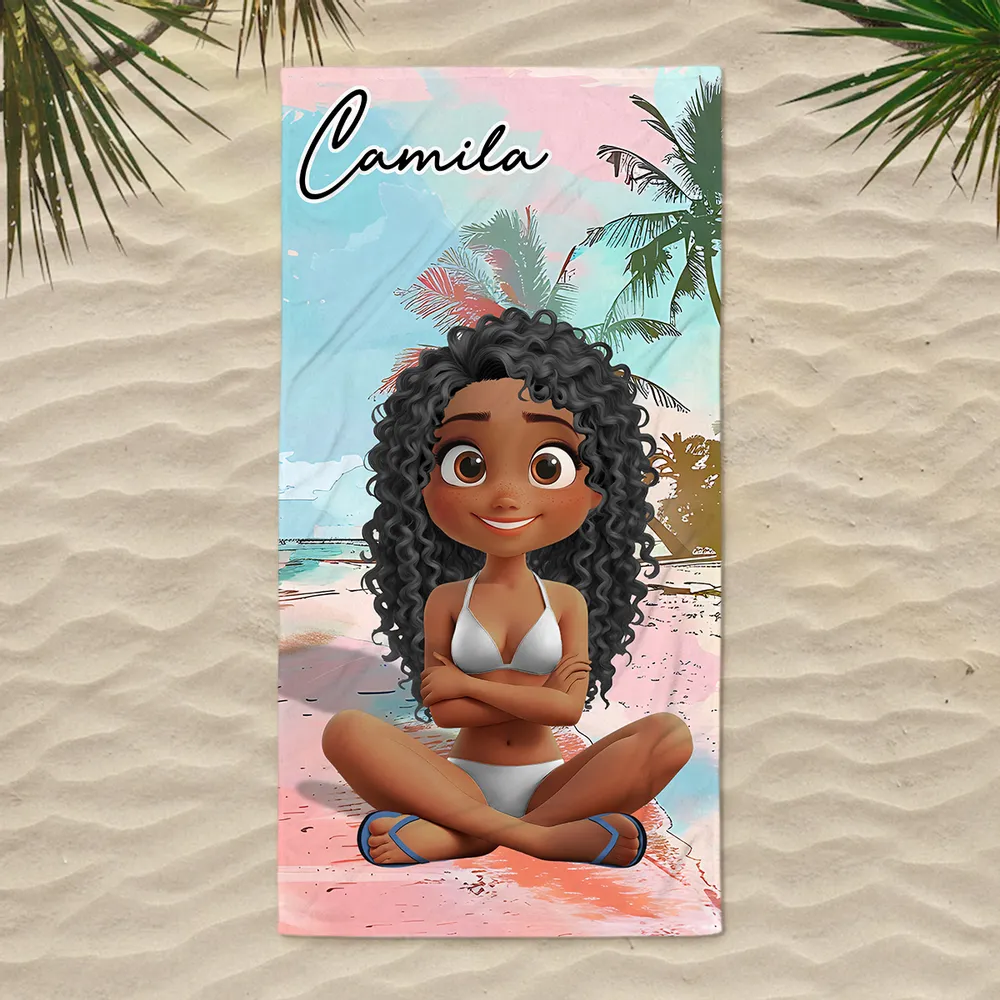 Personalized Beach Towel with Cartoon Girl – Summer Beach Gift for Her, Custom Name Towel for Vacation and Pool Days - Image 5