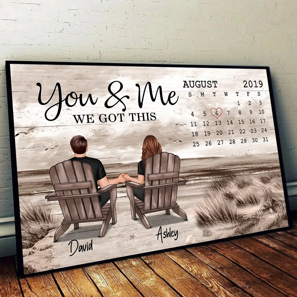 Personalized Calendar Couple Poster, Romantic Beach Scene Love Story - Image 2