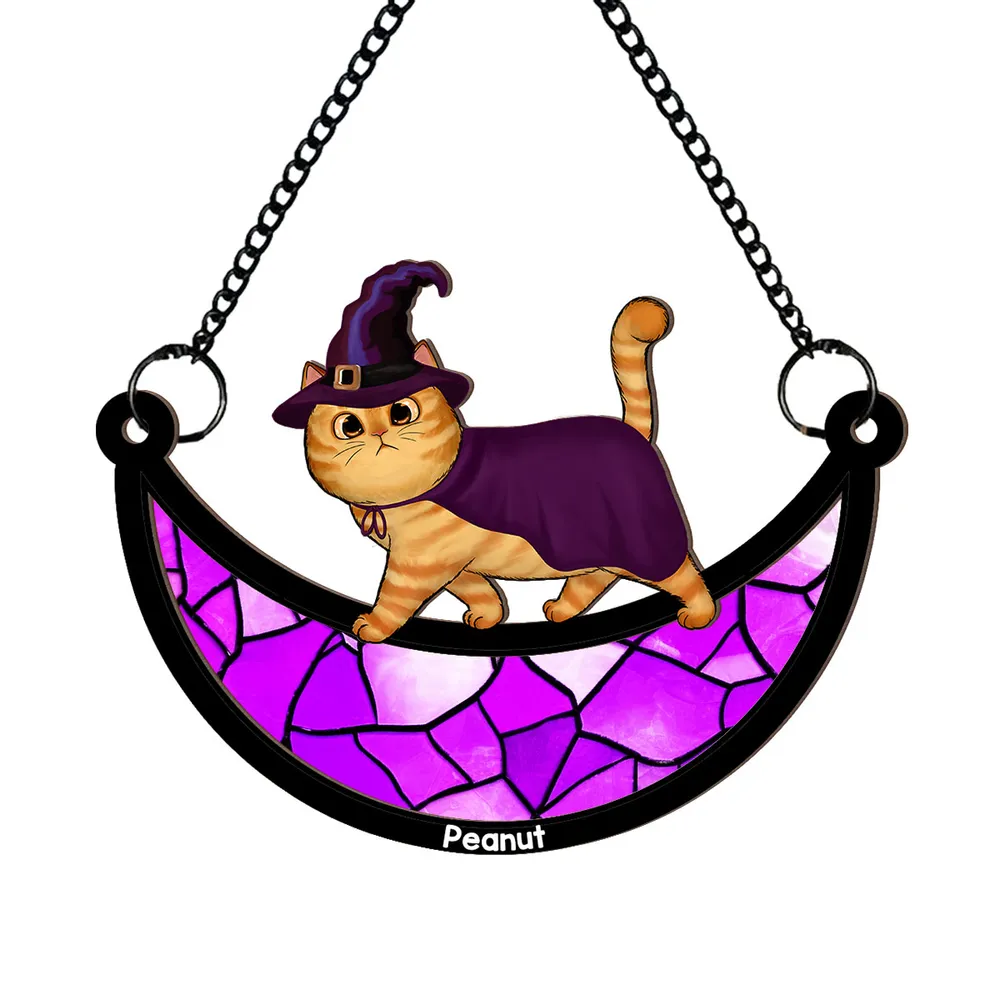 Wood and Acrylic Layered Ornament – Charming Cat with Cape & Hat, Chain-Hanging Moon Keepsake for Cat Lovers - Image 3