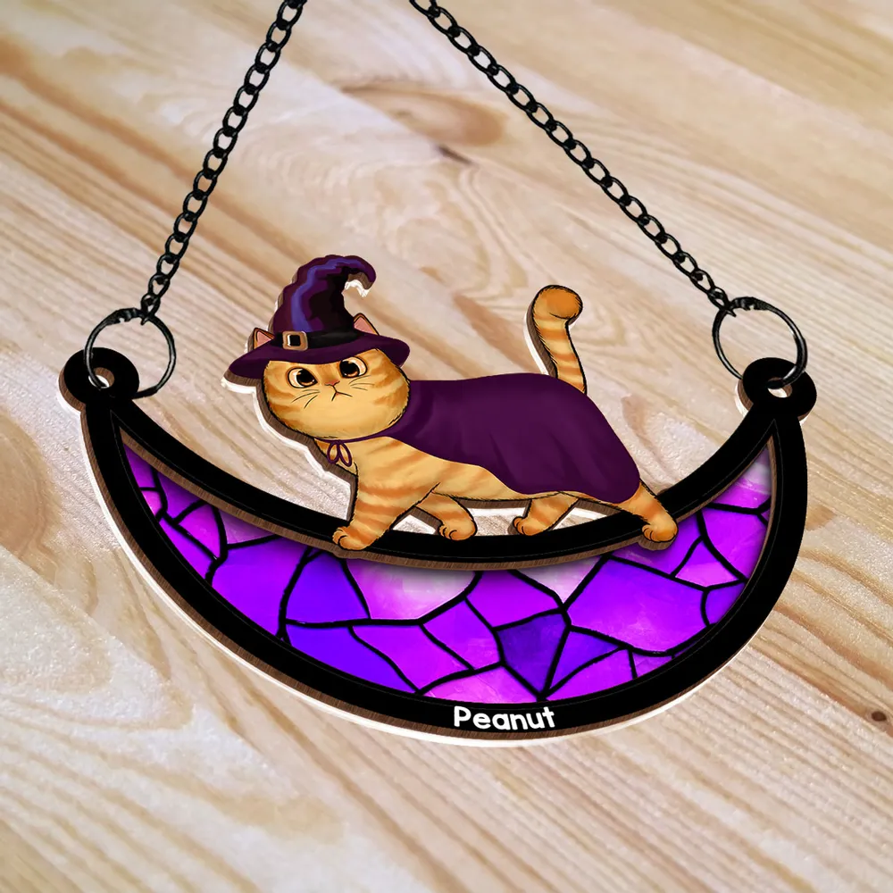 Wood and Acrylic Layered Ornament – Charming Cat with Cape & Hat, Chain-Hanging Moon Keepsake for Cat Lovers - Image 6