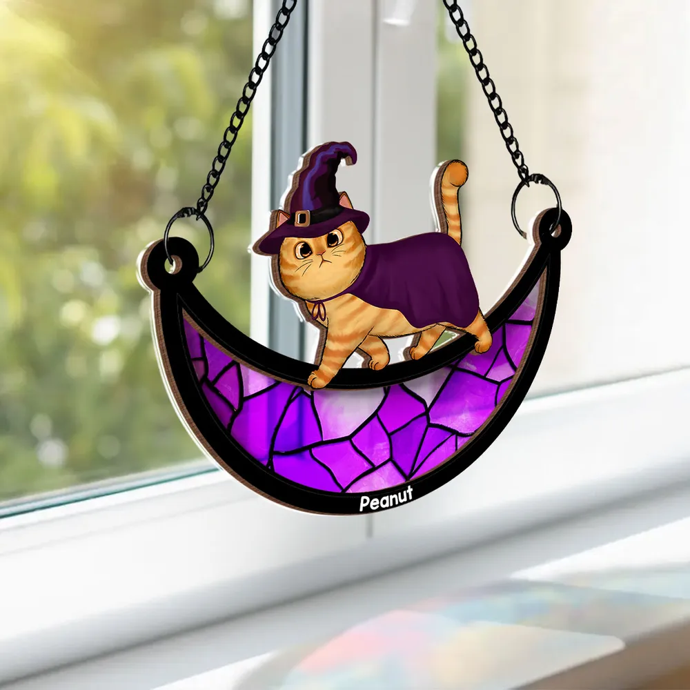 Wood and Acrylic Layered Ornament – Charming Cat with Cape & Hat, Chain-Hanging Moon Keepsake for Cat Lovers - Image 7