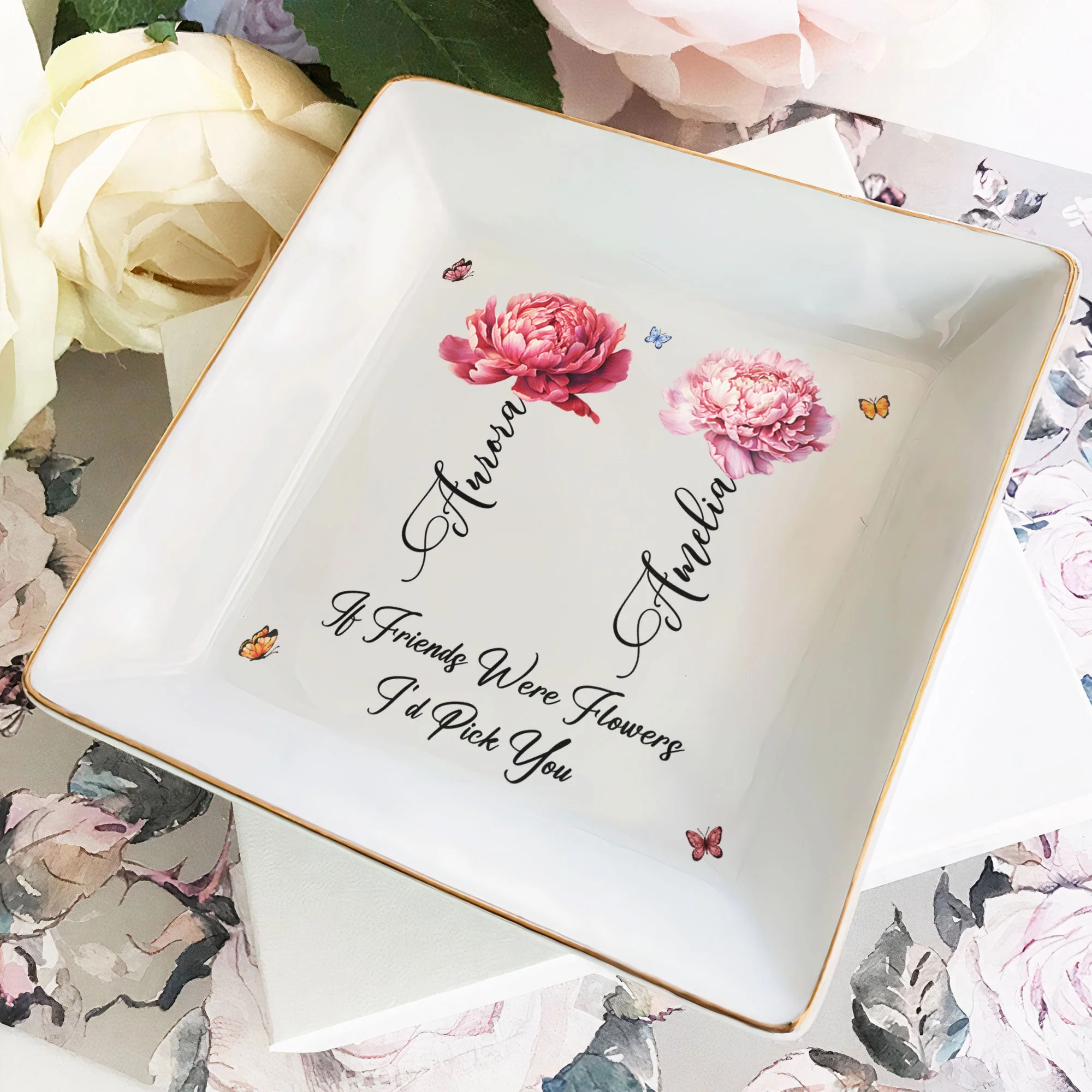 Beautiful Personalized Sister Jewelry Dish, Floral and Butterfly Design, Special Gift for Sisters and Friends - Image 3
