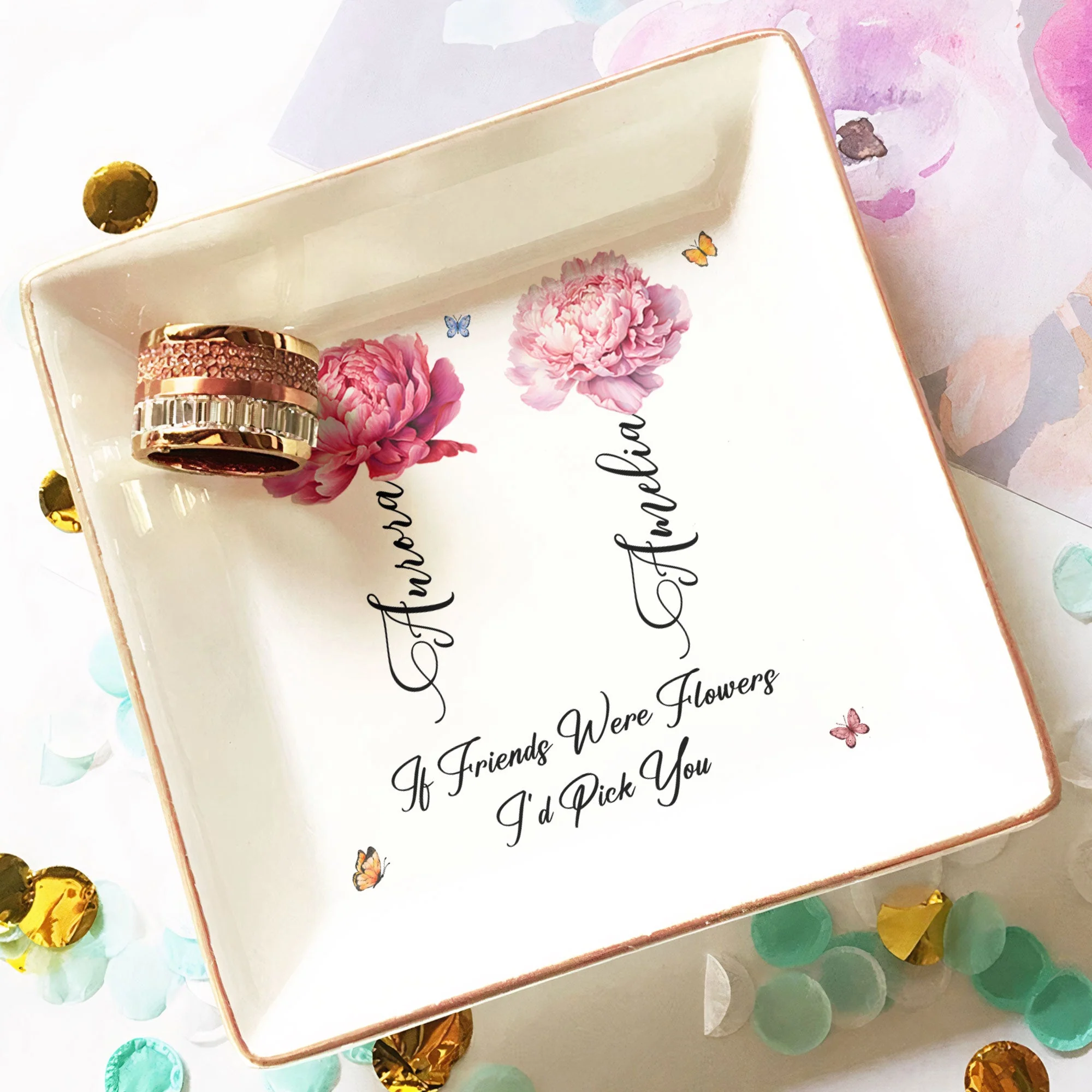 Beautiful Personalized Sister Jewelry Dish, Floral and Butterfly Design, Special Gift for Sisters and Friends - Image 4