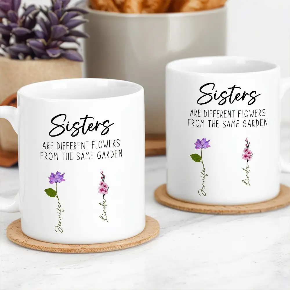 Sisters White Ceramic Mug, Different Flowers from the Same Garden, Meaningful Gift - Image 2