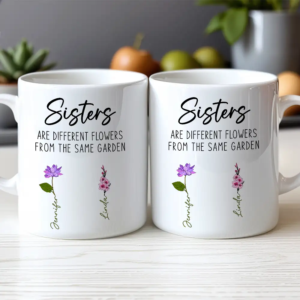 Sisters White Ceramic Mug, Different Flowers from the Same Garden, Meaningful Gift - Image 3