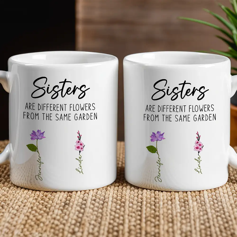 Sisters White Ceramic Mug, Different Flowers from the Same Garden, Meaningful Gift - Image 4