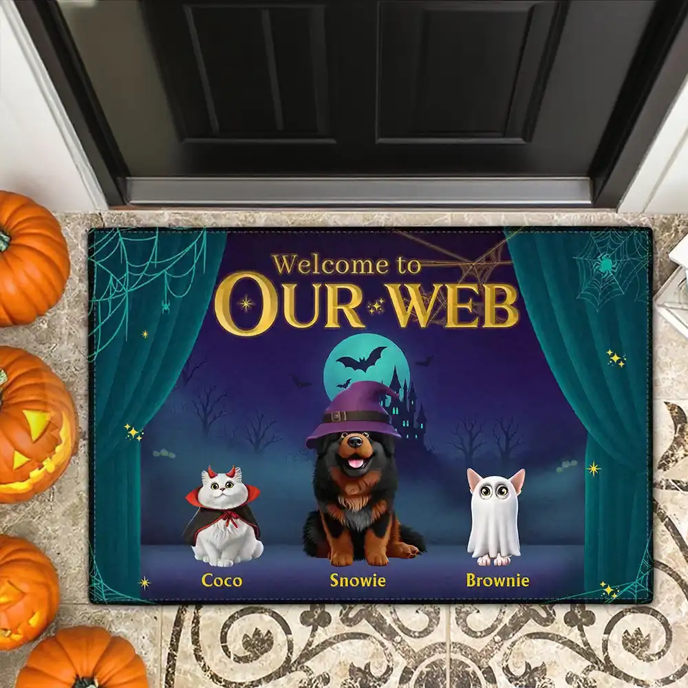 Halloween Pet-Themed Standard Doormat, “Welcome to Our Web” Personalized Dog & Cat Welcome Gift for Pet Lovers