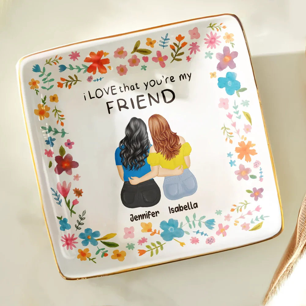Custom Floral Jewelry Dish – Back View Friend Hug Illustration, Heartfelt Gift for Her - Image 2