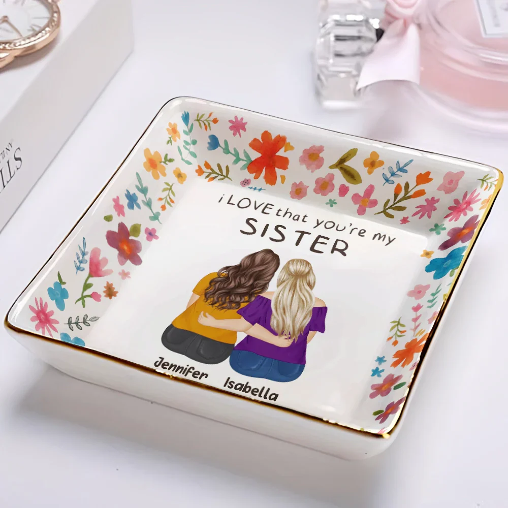 Custom Floral Jewelry Dish – Back View Friend Hug Illustration, Heartfelt Gift for Her - Image 3