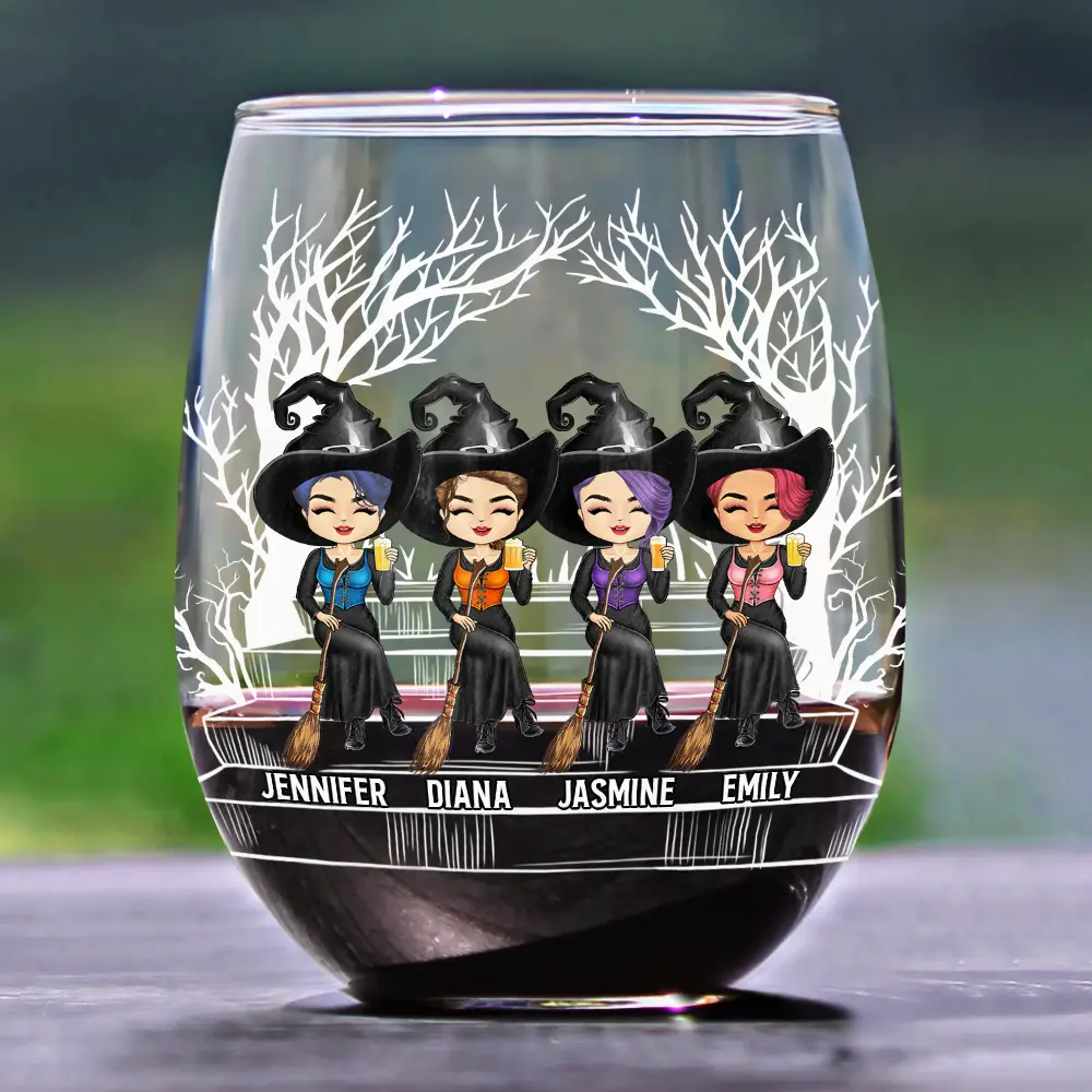 Drink Up Witches Halloween Wine Glass – Custom Witch Sisters Sitting on Bench – Spooky Gift for Best Friends or Sisters - Image 2