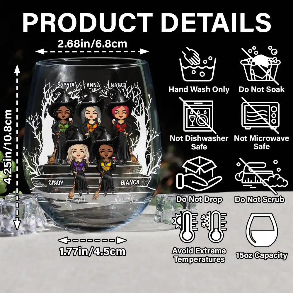Drink Up Witches Halloween Wine Glass – Custom Witch Sisters Sitting on Bench – Spooky Gift for Best Friends or Sisters - Image 4