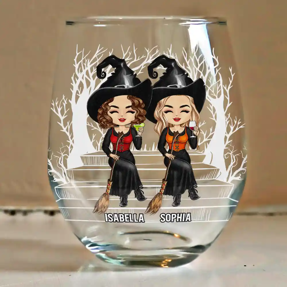 Drink Up Witches Halloween Wine Glass – Custom Witch Sisters Sitting on Bench – Spooky Gift for Best Friends or Sisters - Image 5