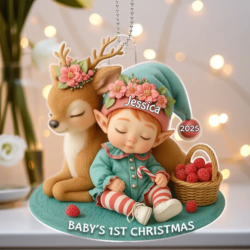 Acrylic Ornament – “Baby’s 1st Christmas” Deer-&-Elf Keepsake - Image 2