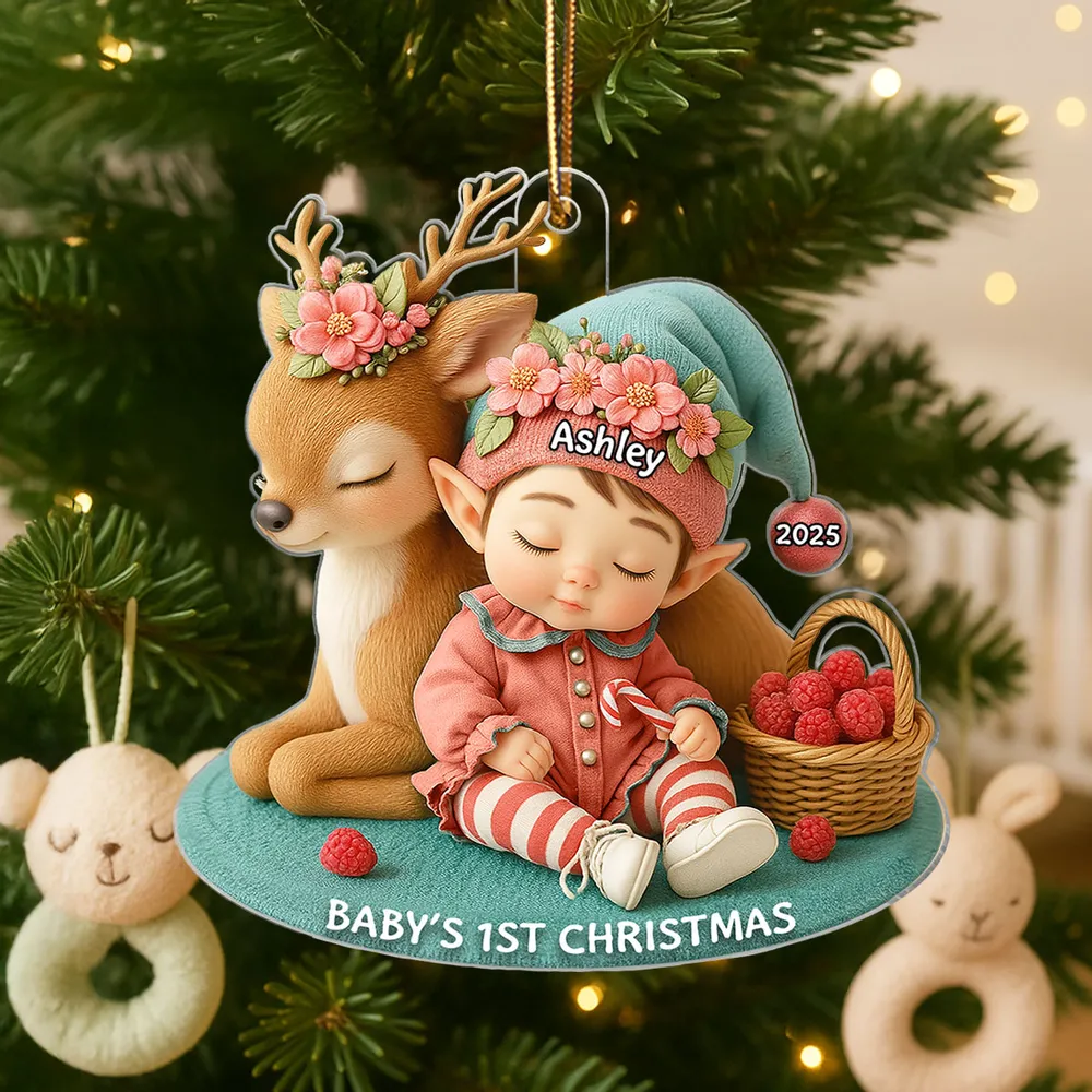 Acrylic Ornament – “Baby’s 1st Christmas” Deer-&-Elf Keepsake - Image 3