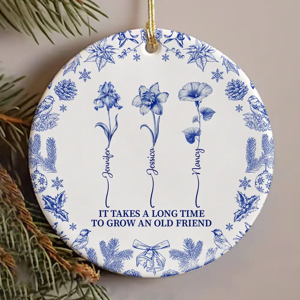 Personalized Ceramic Ornament - A Heartfelt Keepsake for Friends, Customizable with Names and Flower