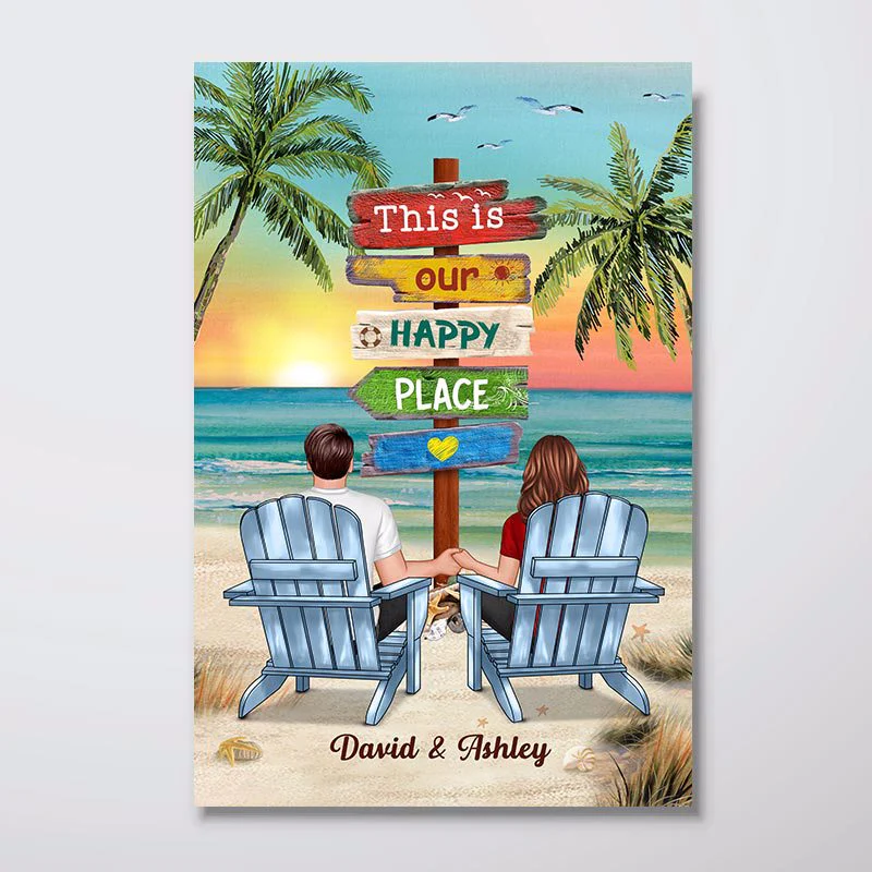 Beach Sunset Palm Trees Couple Holding Hands Poster, This Is Our Happy Place Personalized Wall Art, Romantic Gift for Couples - Image 2