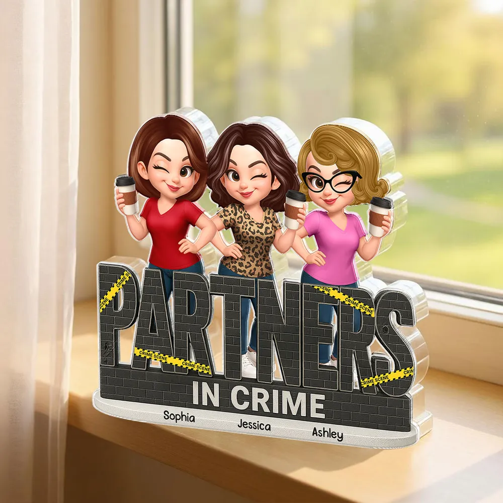 “PARTNERS IN CRIME” Sisters Linking Arms with Coffee Shaped Acrylic Block Plaque, Creative Gift for Sister, Customizable - Image 2