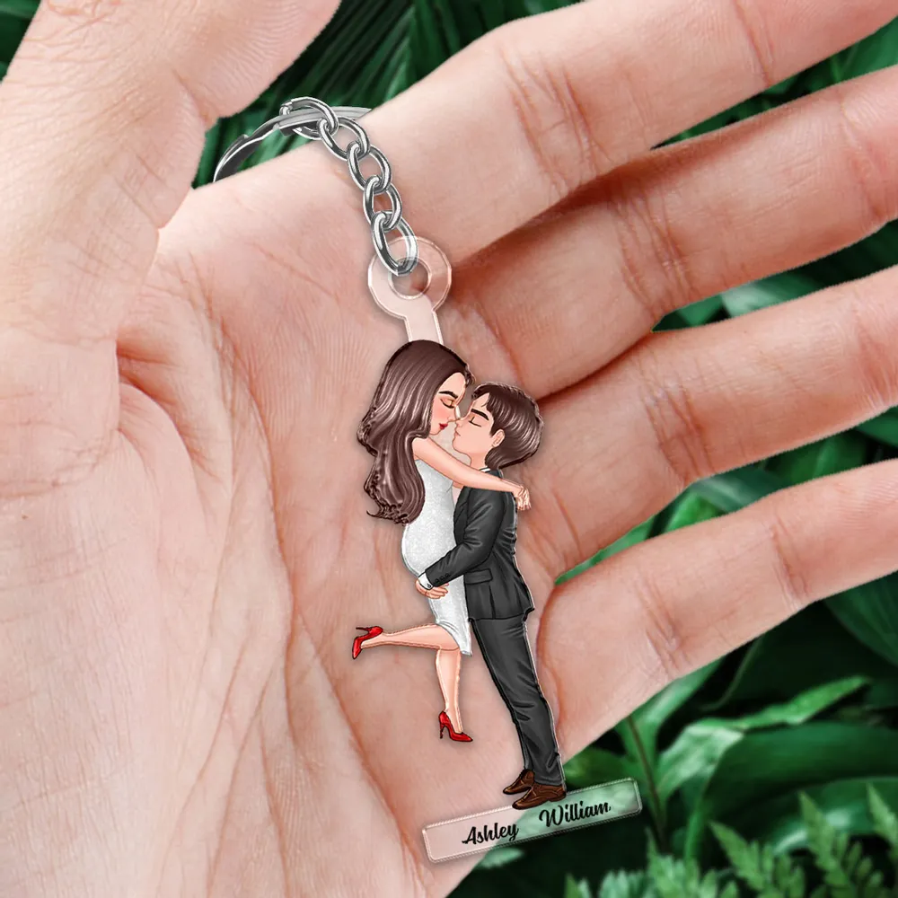 Personalized Acrylic Keychain for Couples, Silver Chain & Ring, Embrace Pose, Everyday Keepsake - Image 3