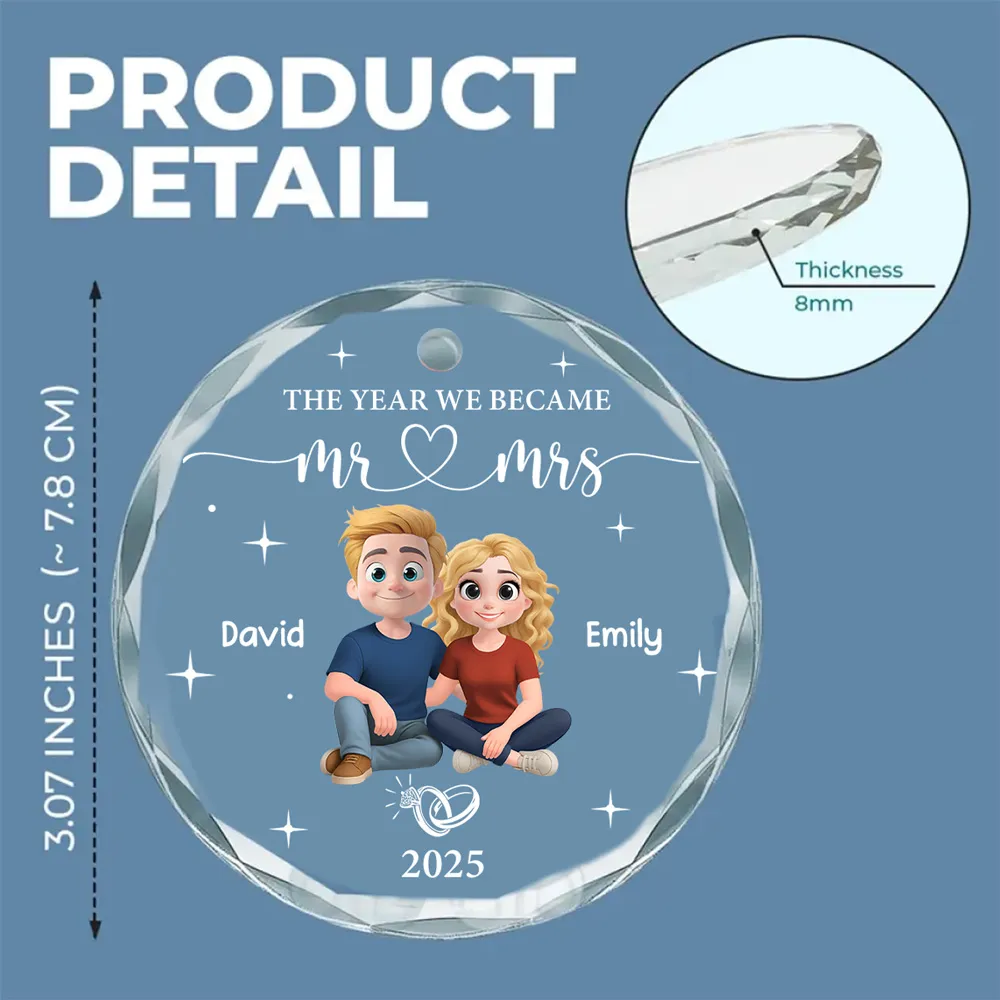 Mr ♥ Mrs Round Crystal Ornament with Seated Couple & Star Accents, Meaningful Anniversary Gift for Partner - Image 5