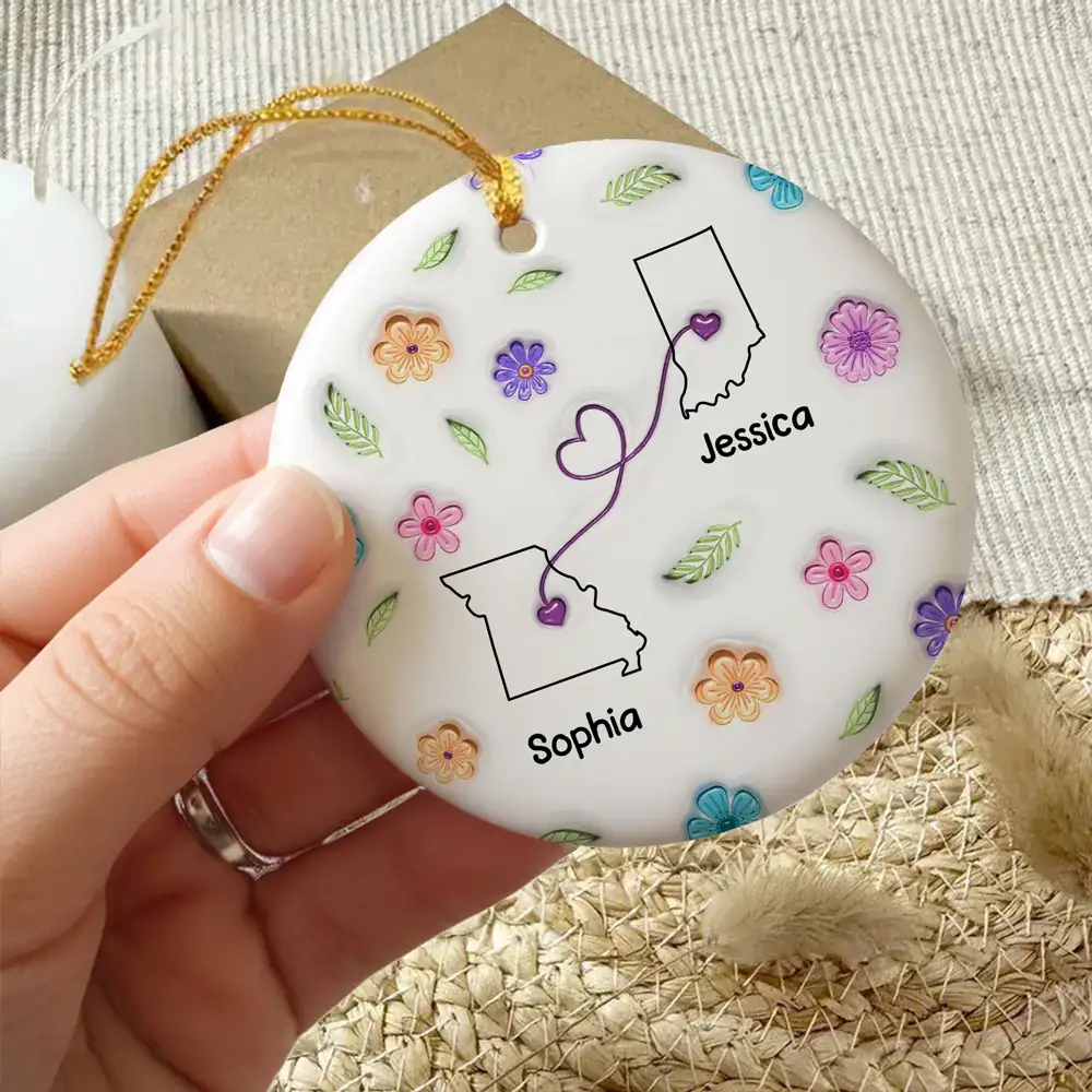Sisters Across States Round Ceramic Ornament with Heart Path & Floral Accents - Image 3