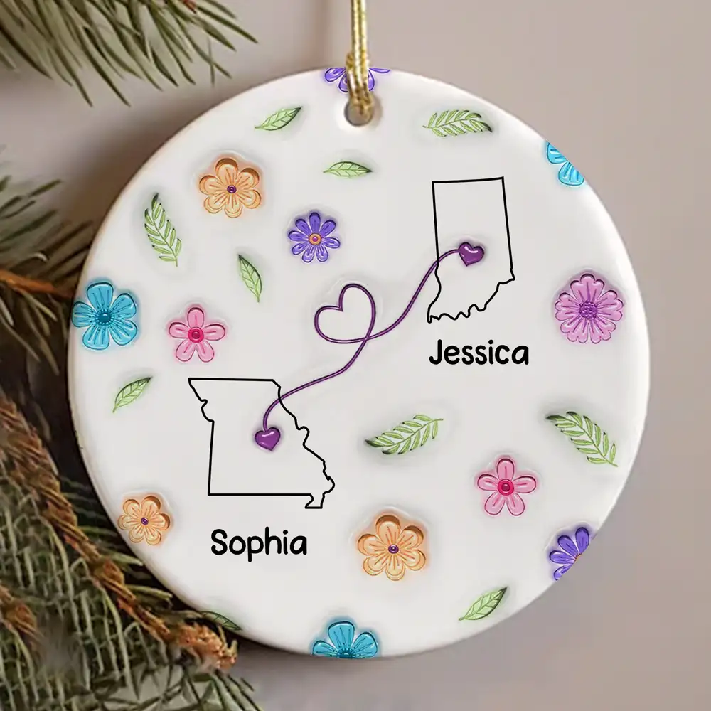 Sisters Across States Round Ceramic Ornament with Heart Path & Floral Accents - Image 4