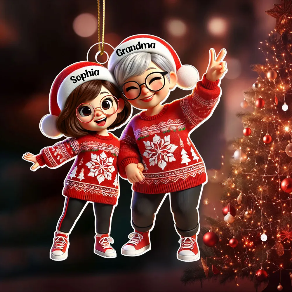 Festive Acrylic Ornament – Grandma & Me, Peace-Sign Pose, Personalized Holiday Gift - Image 2