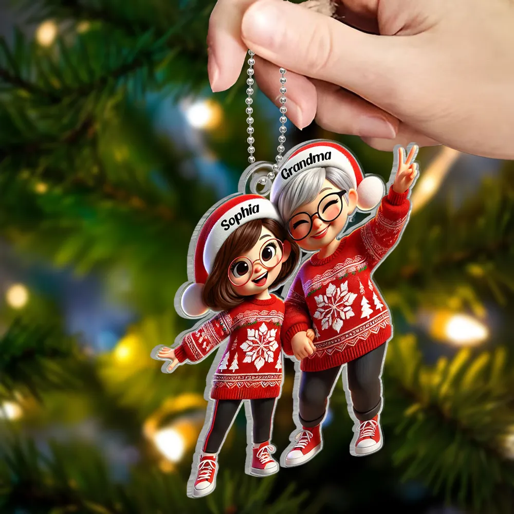 Festive Acrylic Ornament – Grandma & Me, Peace-Sign Pose, Personalized Holiday Gift - Image 3