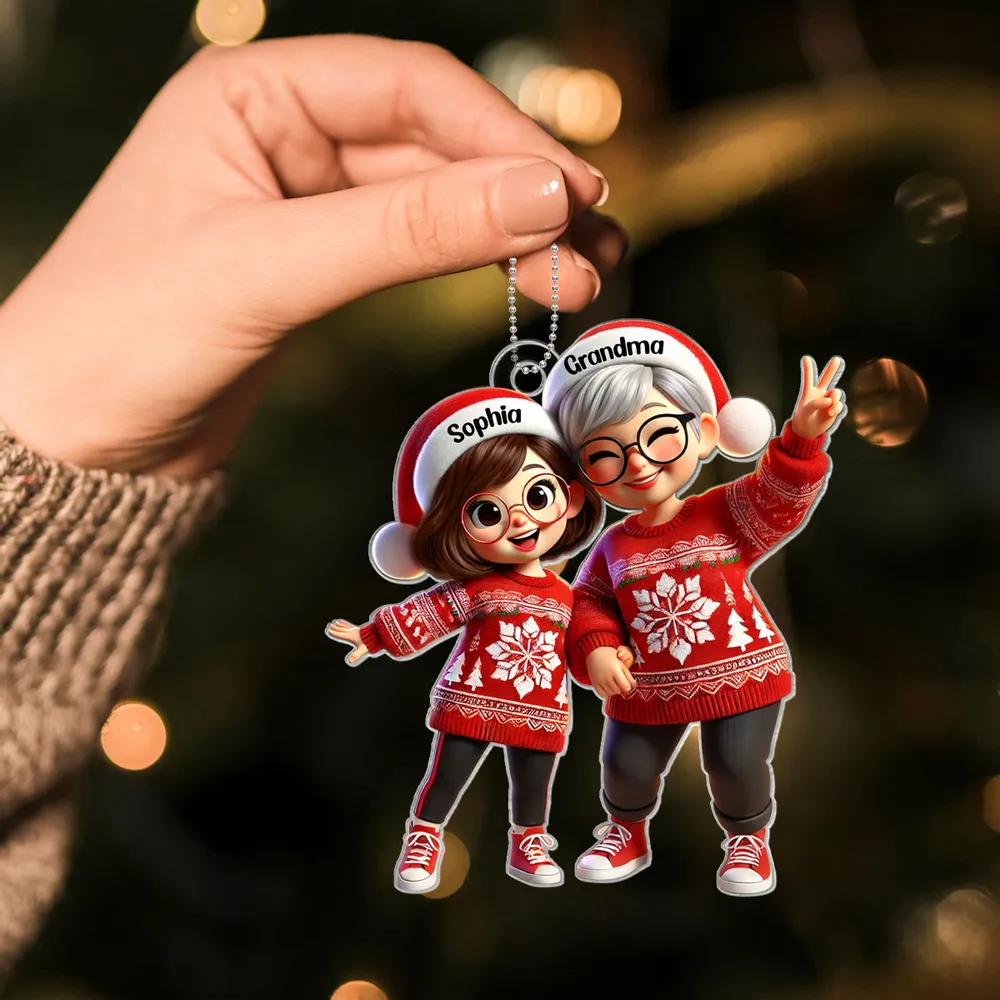 Festive Acrylic Ornament – Grandma & Me, Peace-Sign Pose, Personalized Holiday Gift - Image 4