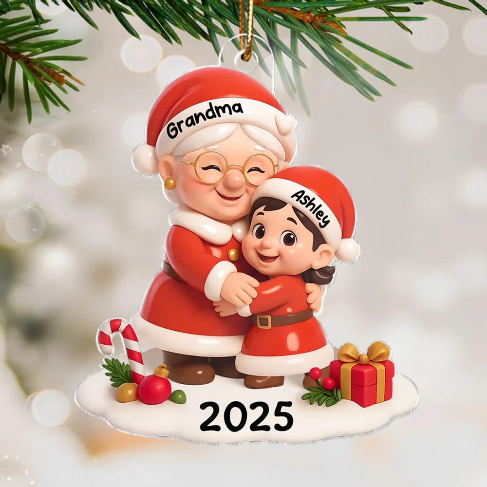 Personalized 3D Effect Acrylic Ornament - Santa Grandma Hugging - Image 3
