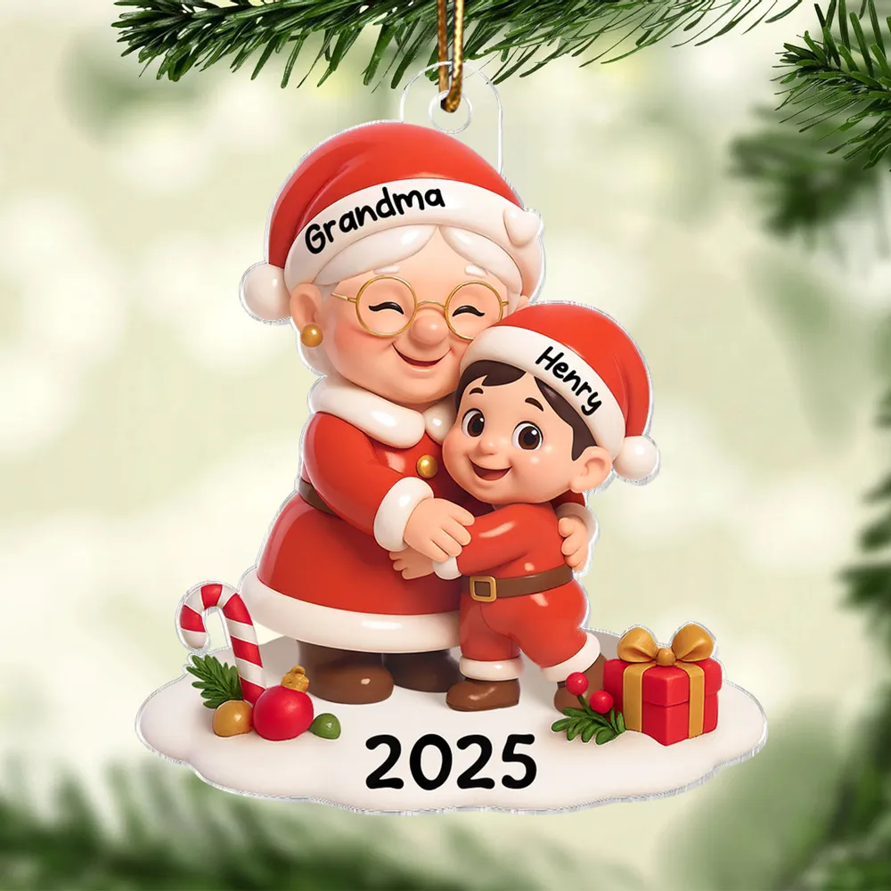 Personalized 3D Effect Acrylic Ornament - Santa Grandma Hugging - Image 4