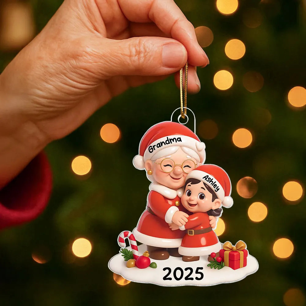 Personalized 3D Effect Acrylic Ornament - Santa Grandma Hugging - Image 7