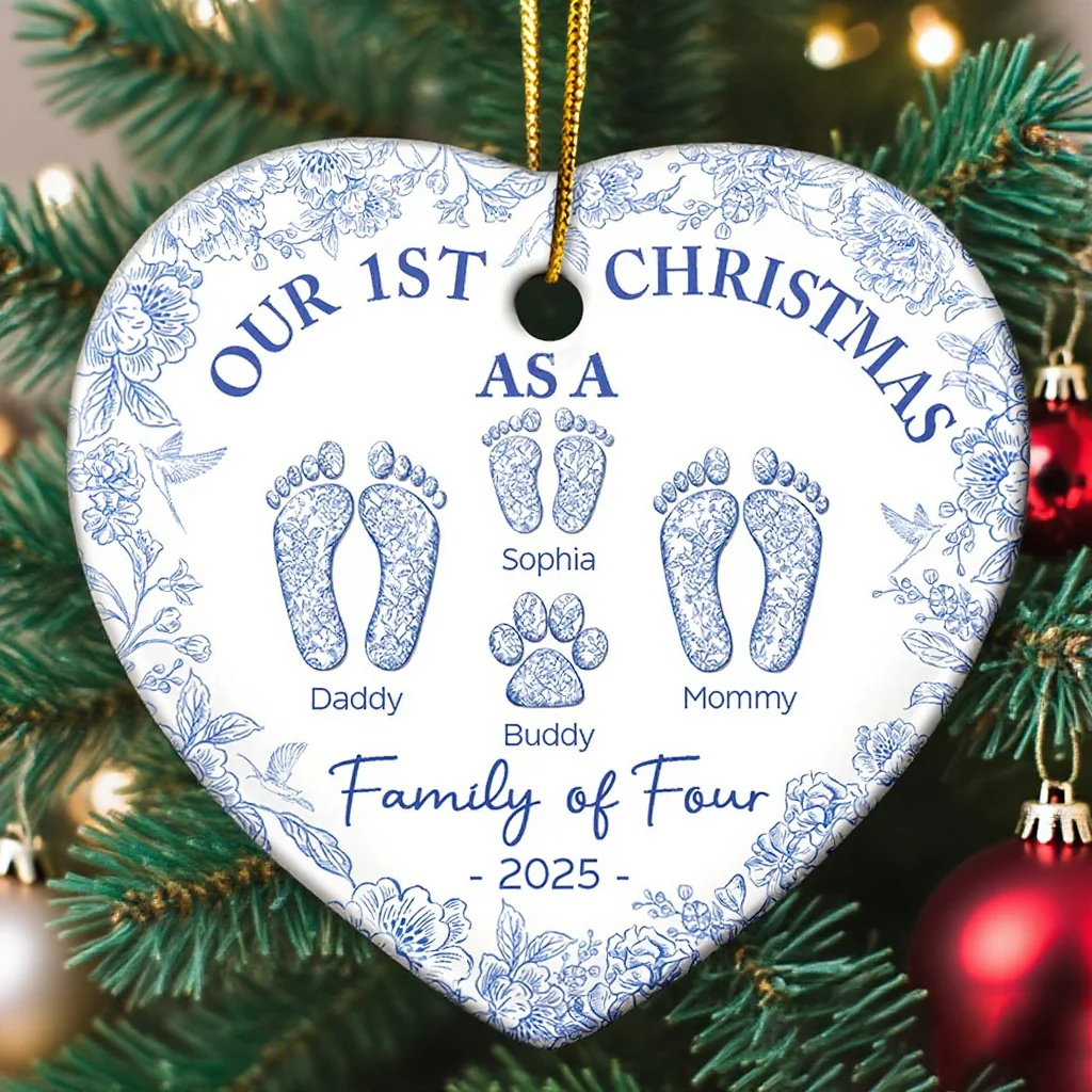 Personalized 'Our 1st Christmas as a Family' Ceramic Heart Ornament, Customizable with Names
