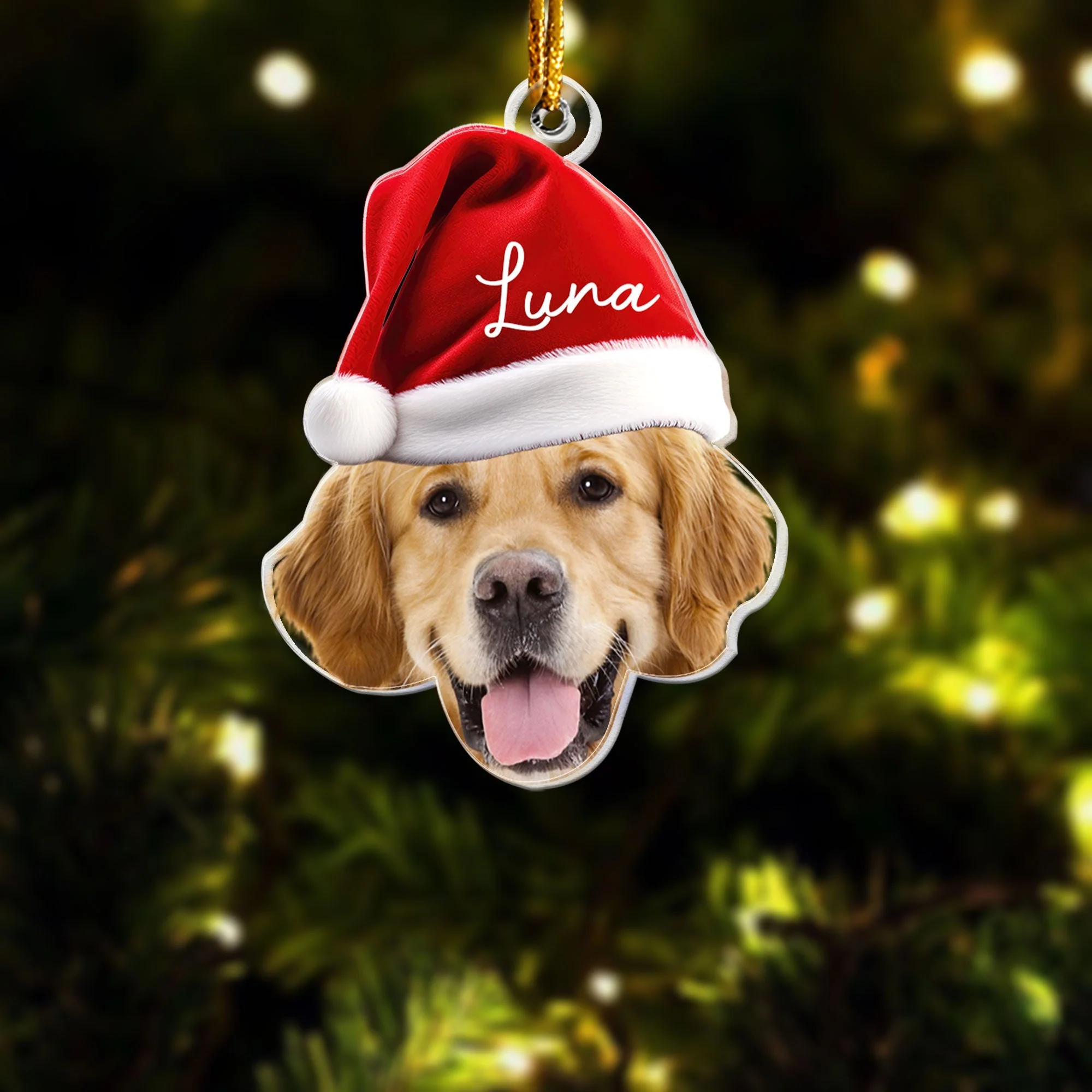 Personalized Acrylic Ornament for Pet Lovers – Santa Cap Portrait, Clear Cutout - Image 3