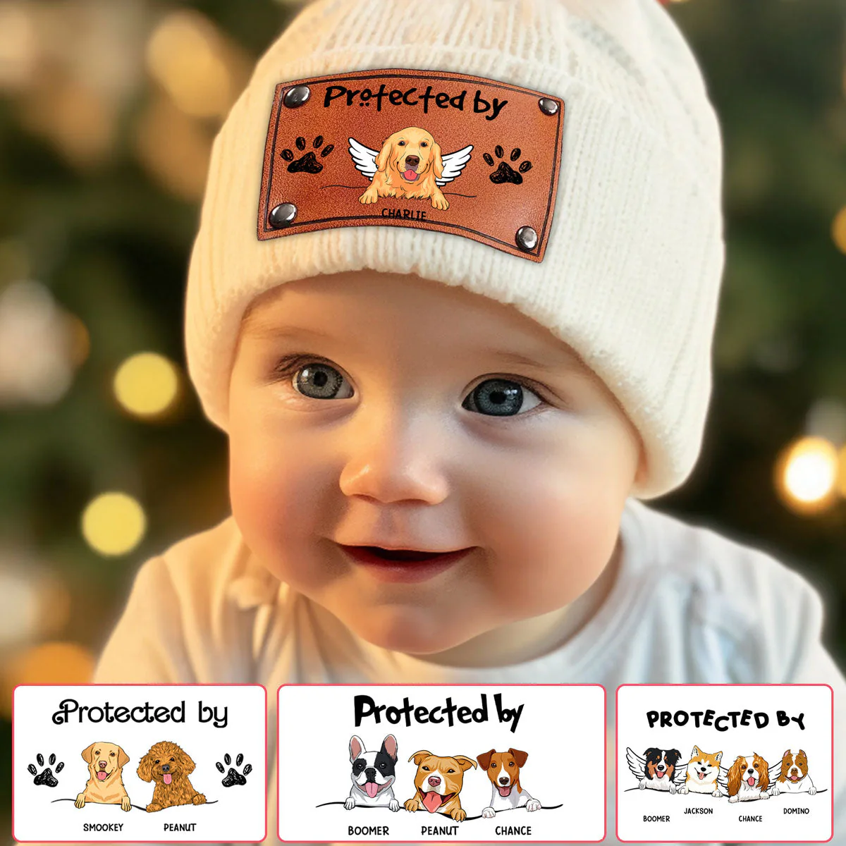 Personalized 'Protected by' Knit Hat with Dog Illustration, Customizable for Loved Ones - Image 3