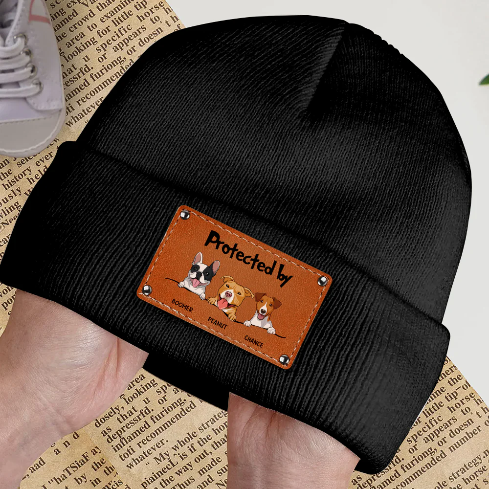Personalized 'Protected by' Knit Hat with Dog Illustration, Customizable for Loved Ones - Image 6