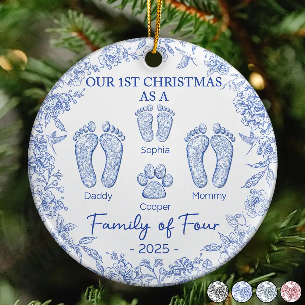 “Our 1st Christmas as a Family of Four” Ceramic Ornament, Footprints & Paw Print, Personalized Family & Pet Keepsake