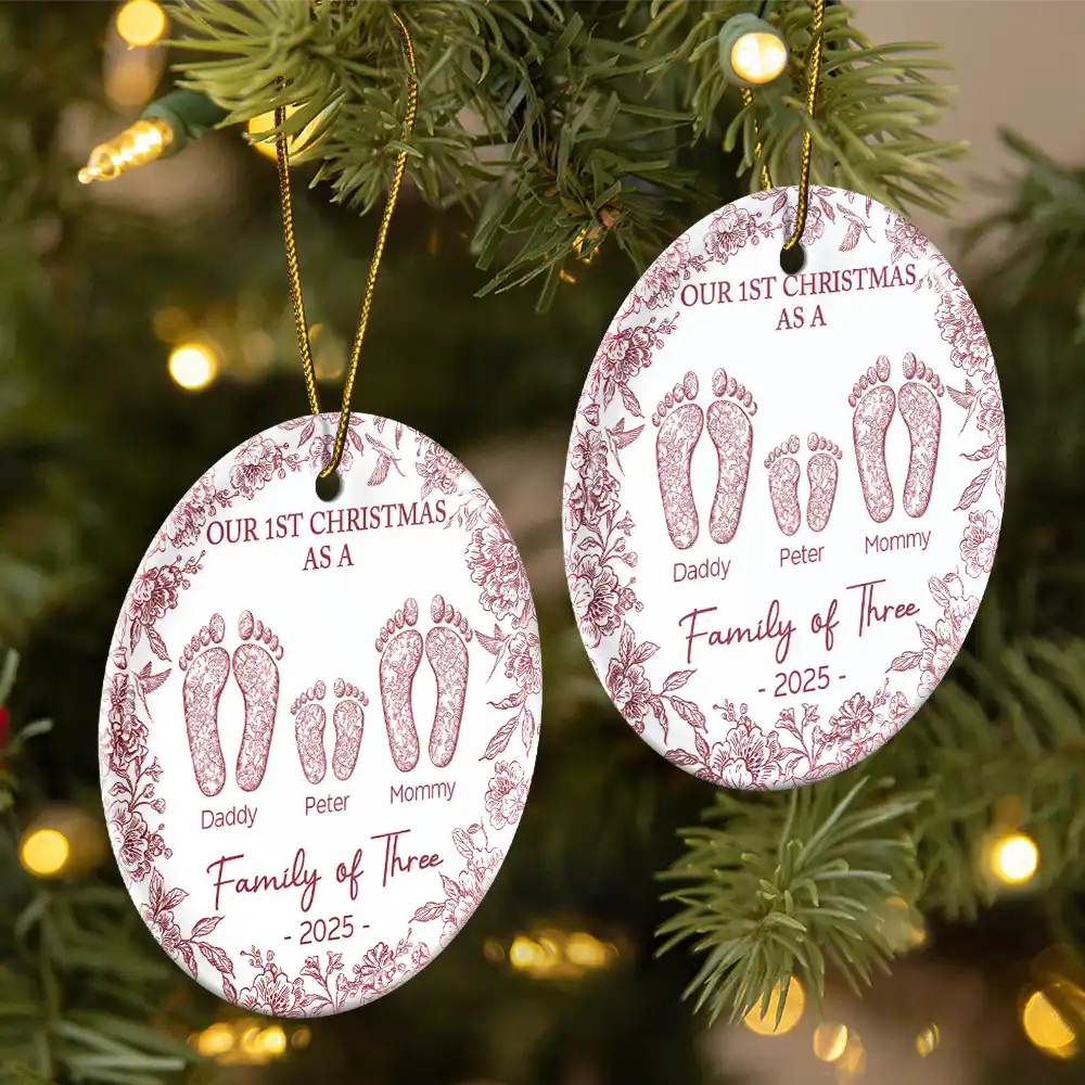 “Our 1st Christmas as a Family of Four” Ceramic Ornament, Footprints & Paw Print, Personalized Family & Pet Keepsake - Image 2