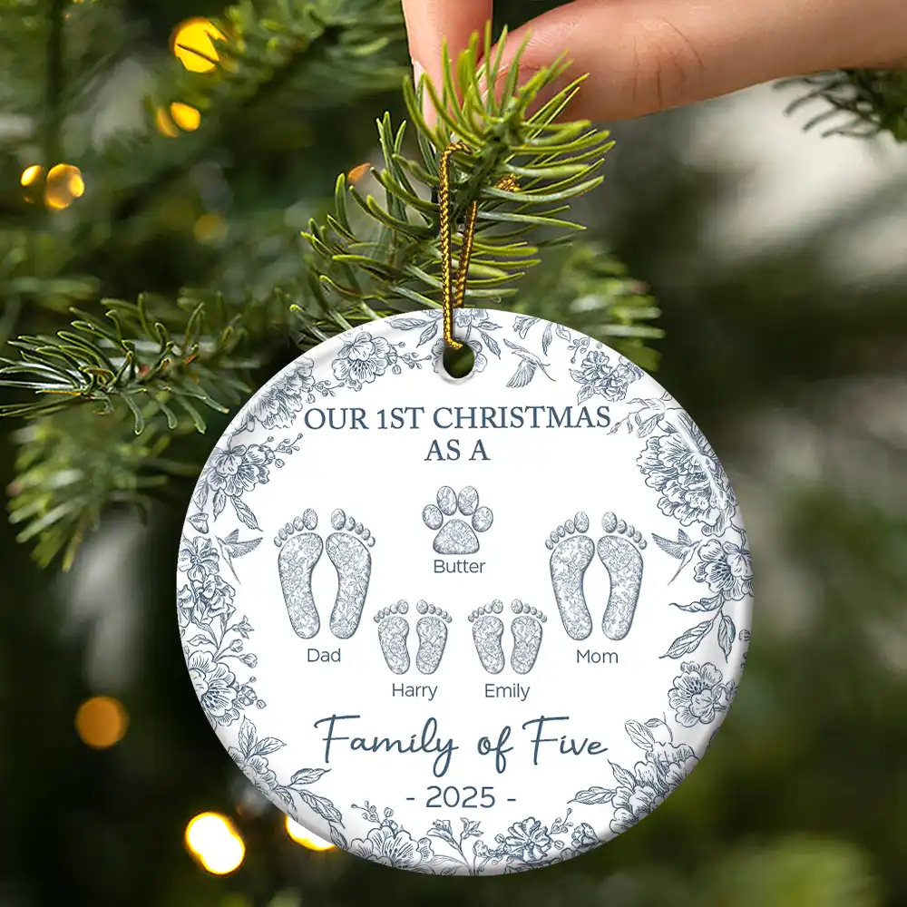 “Our 1st Christmas as a Family of Four” Ceramic Ornament, Footprints & Paw Print, Personalized Family & Pet Keepsake - Image 3