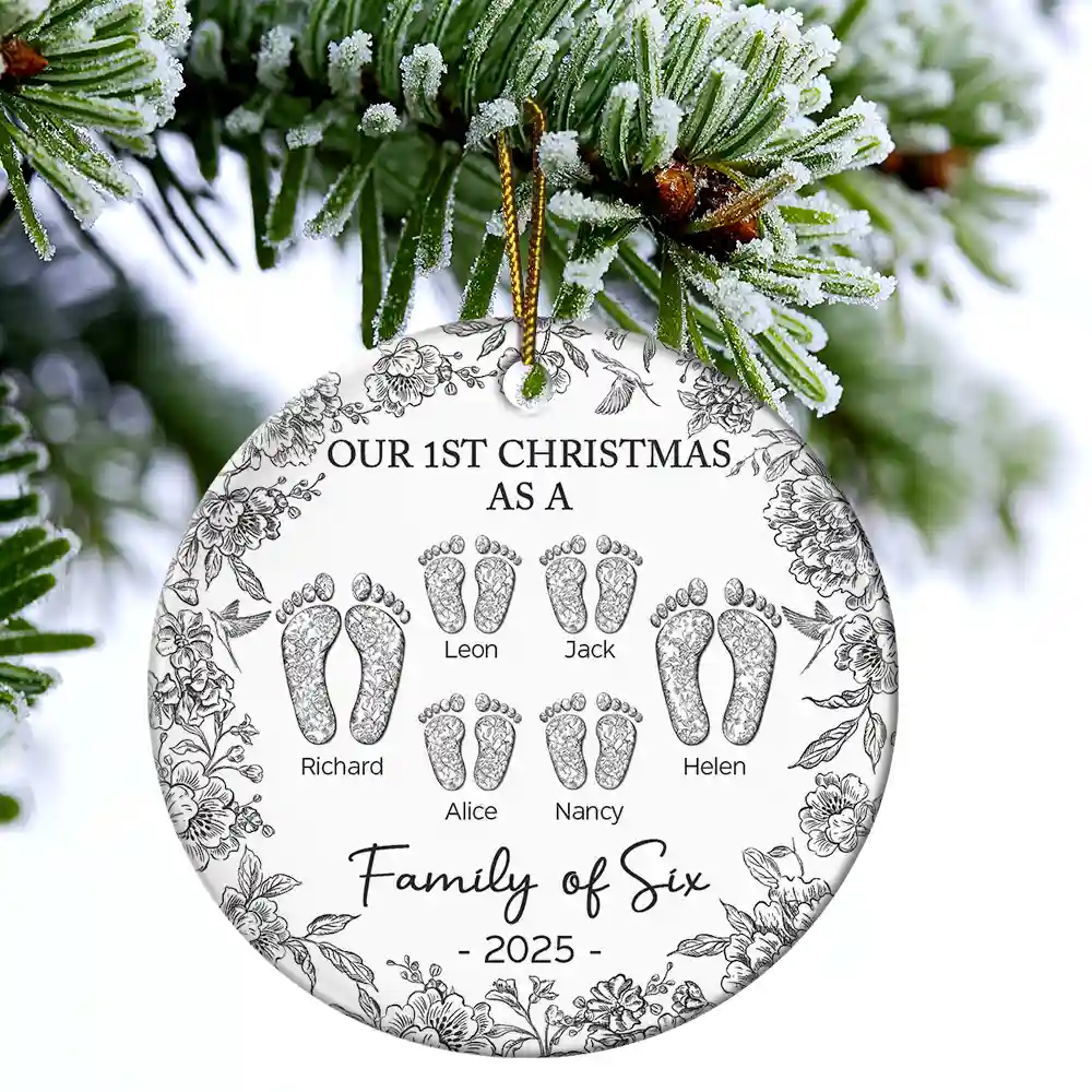 “Our 1st Christmas as a Family of Four” Ceramic Ornament, Footprints & Paw Print, Personalized Family & Pet Keepsake - Image 4