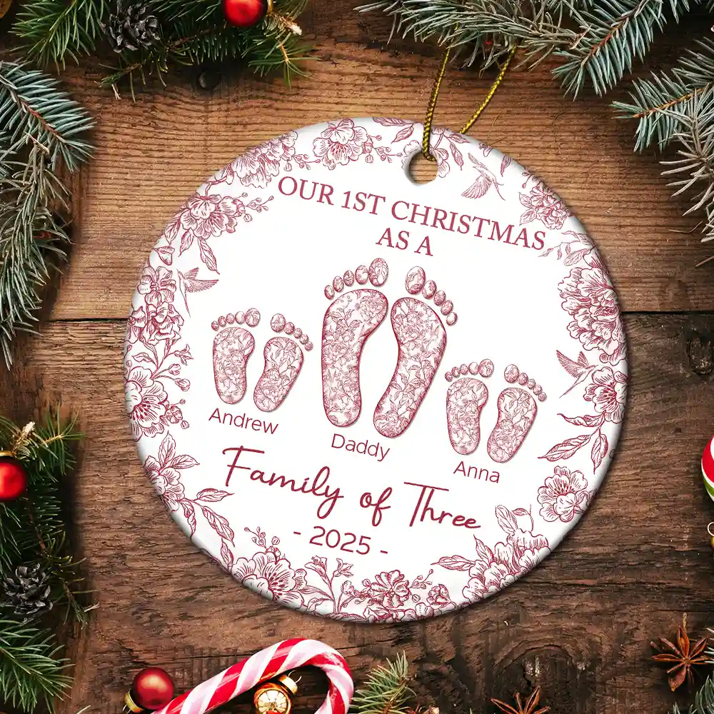 “Our 1st Christmas as a Family of Four” Ceramic Ornament, Footprints & Paw Print, Personalized Family & Pet Keepsake - Image 5