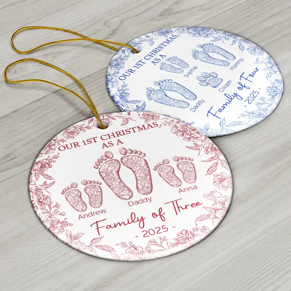 “Our 1st Christmas as a Family of Four” Ceramic Ornament, Footprints & Paw Print, Personalized Family & Pet Keepsake - Image 6