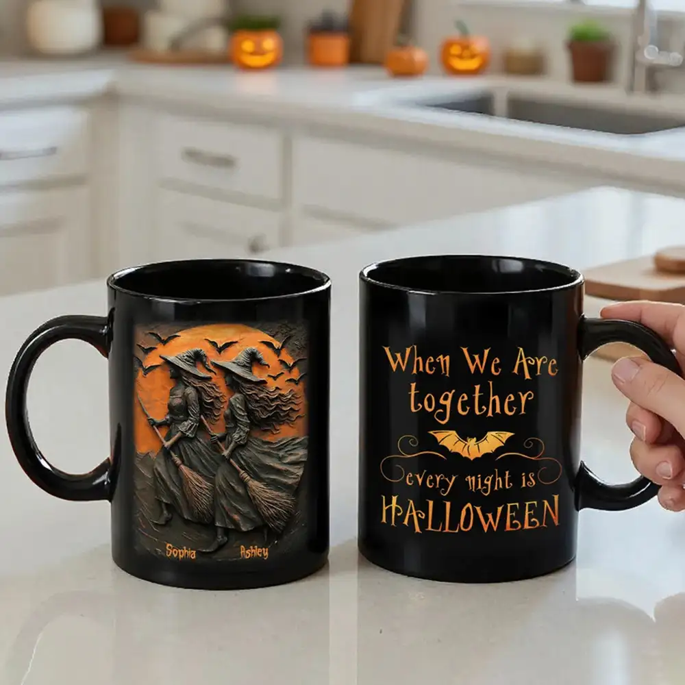 Custom Halloween Mug with Twin Witches & Spooky Night Design